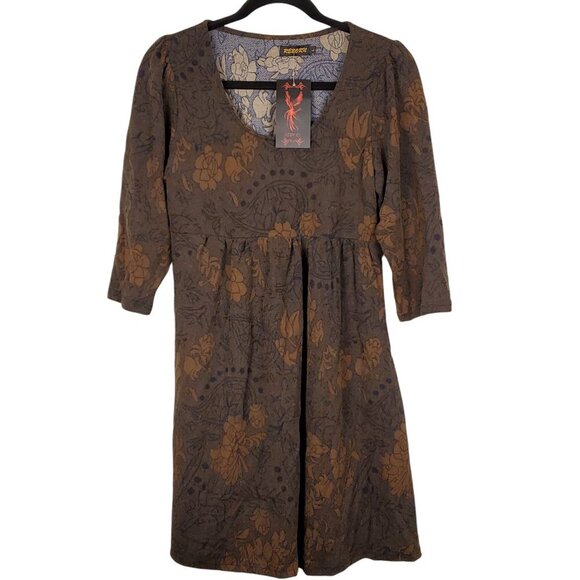 NWT REBORN Womens Brown Floral Midi Dress Sz Large 3/4 Sleeve Bloomcore Fall - Picture 3 of 11